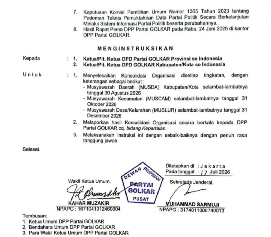 DPP Golkar Keluarkan Ultimatum, Musda Kab Bekasi Wajib Tuntas Sebelum Tanggal 30 Agustus